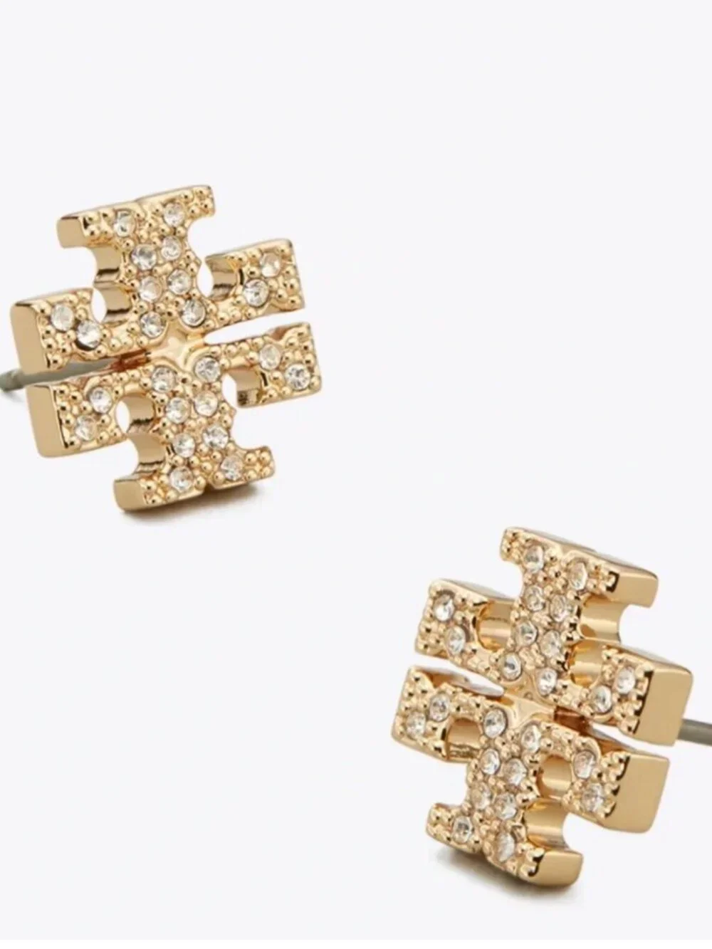 Tory Burch Crystal Double T Logo Stud Earrings Gold Tone Pavé Logo Earrings